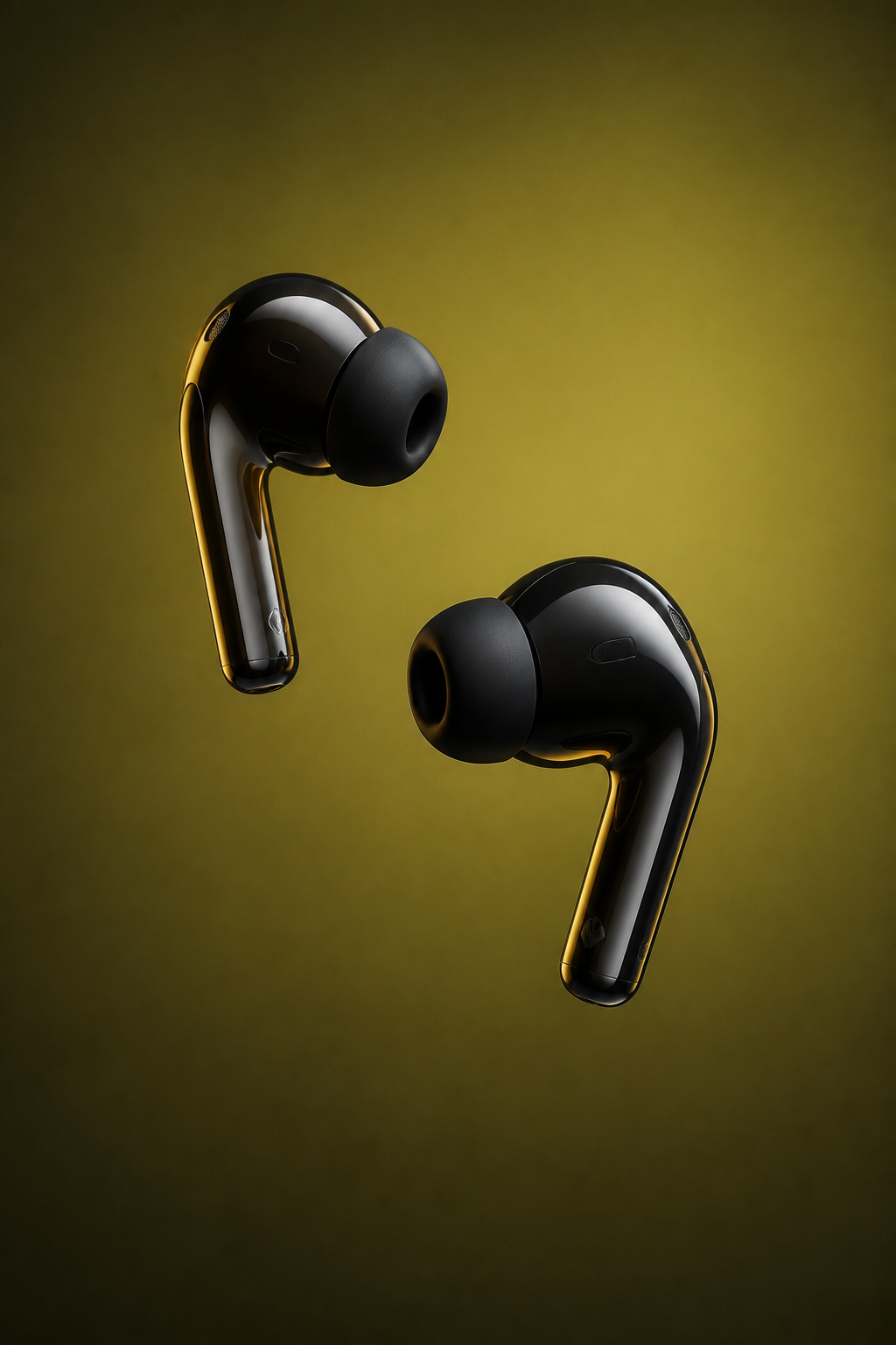 Glossy black earbuds against an olive-amber backdrop